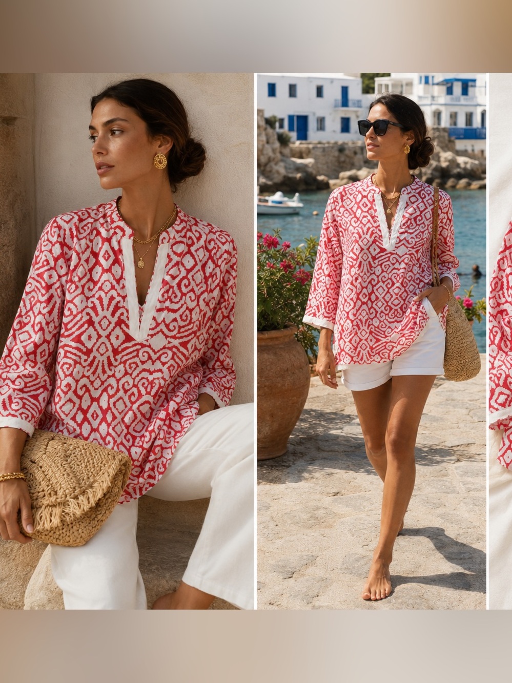 100% Linen Red and White Printed V-Neck Swim Cover-Up Tunic size XL